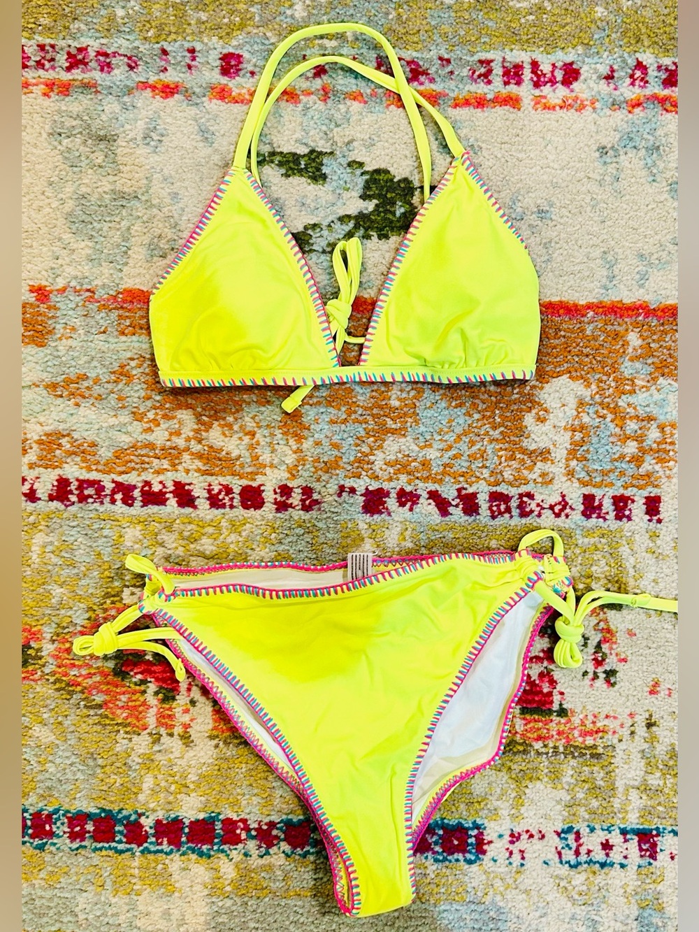 Neon Yellow Women's Triangle Bikini Set with Contrast Stitching